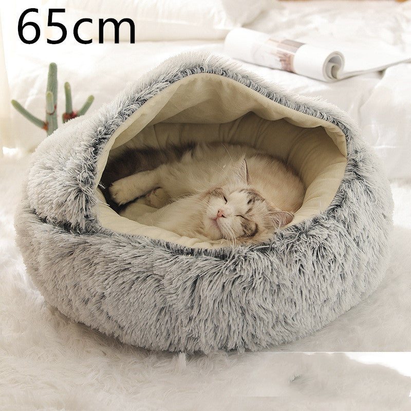 Lit 2 en 1 pour chien et chat - Lit d'hiver rond en peluche chaud pour animaux de compagnie - Lit doux et long en peluche pour animaux de compagnie